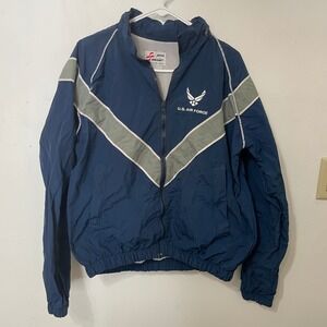 Skilcraft US Air Force USAF PT Windbreaker Jacket Navy Blue Grey Large READ